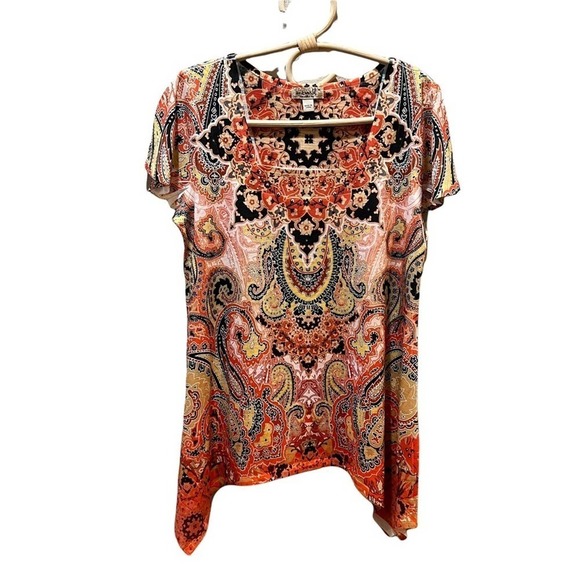 One World Live and Let Live Wintop Orange Square Neckline Shark Bite Hem Blouse - Picture 1 of 13